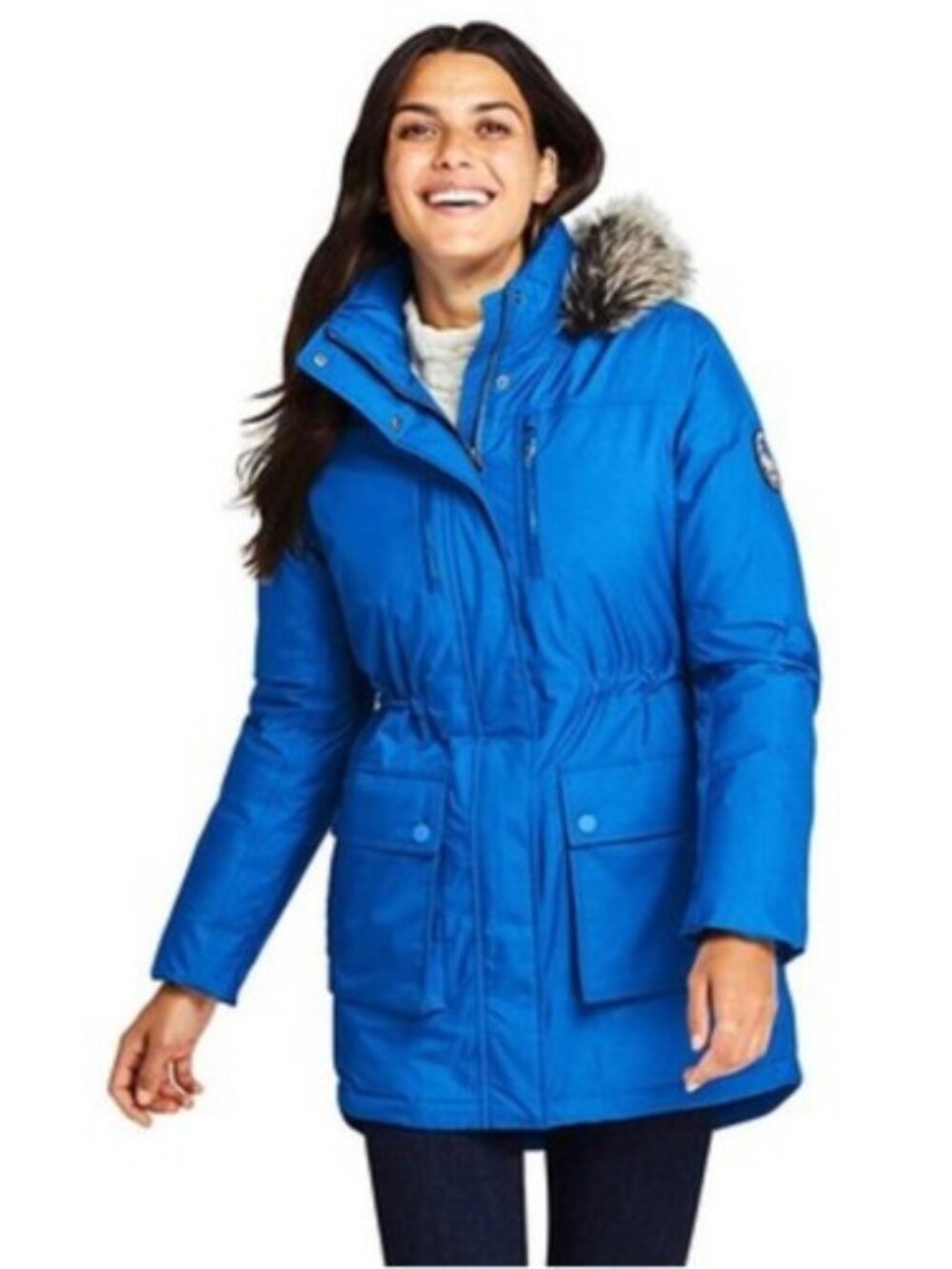 Lands' End Expedition Down Parka in Harbor Blue, Size L (14-16) Faux Fur Hood